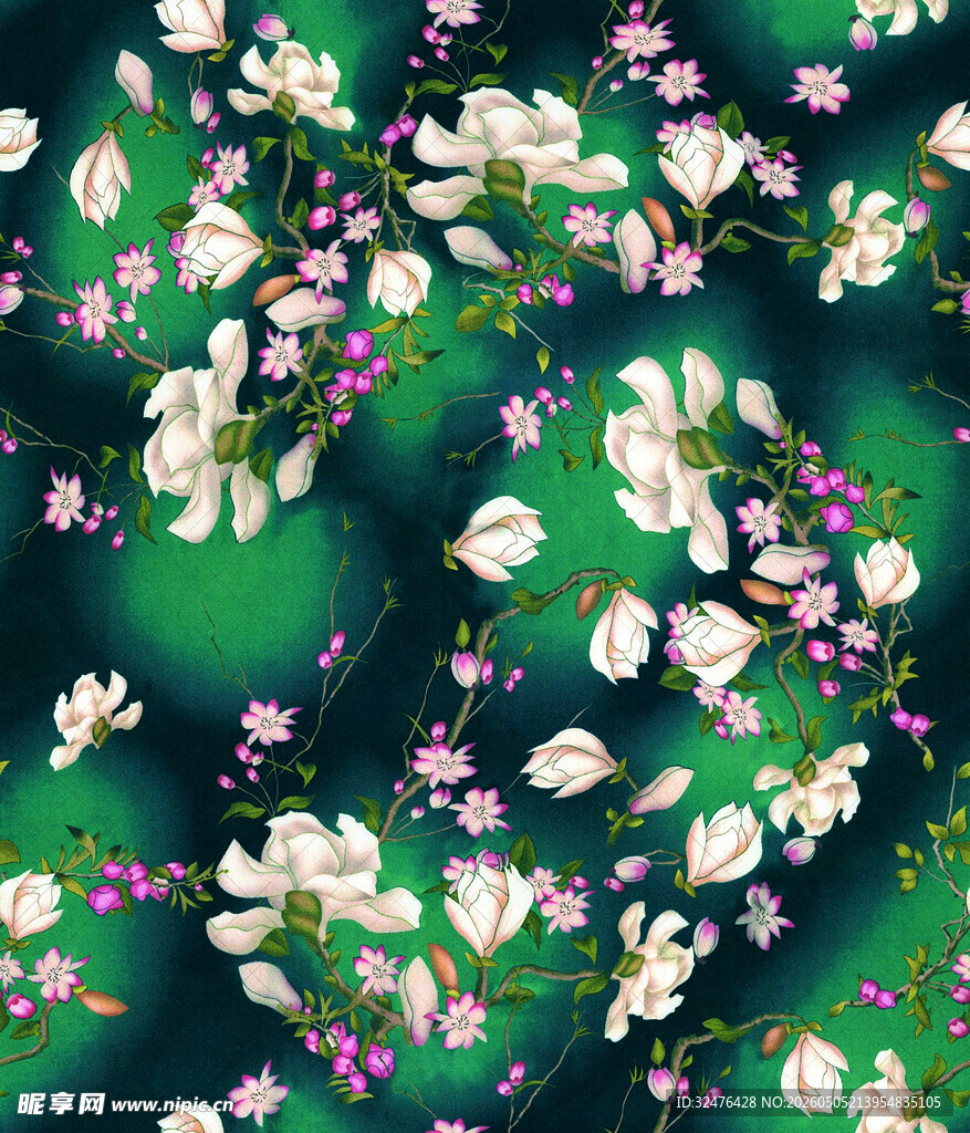 梦幻绿底繁花图案