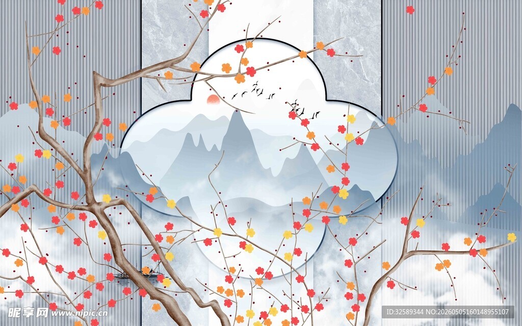 古风山水花枝插画意境美