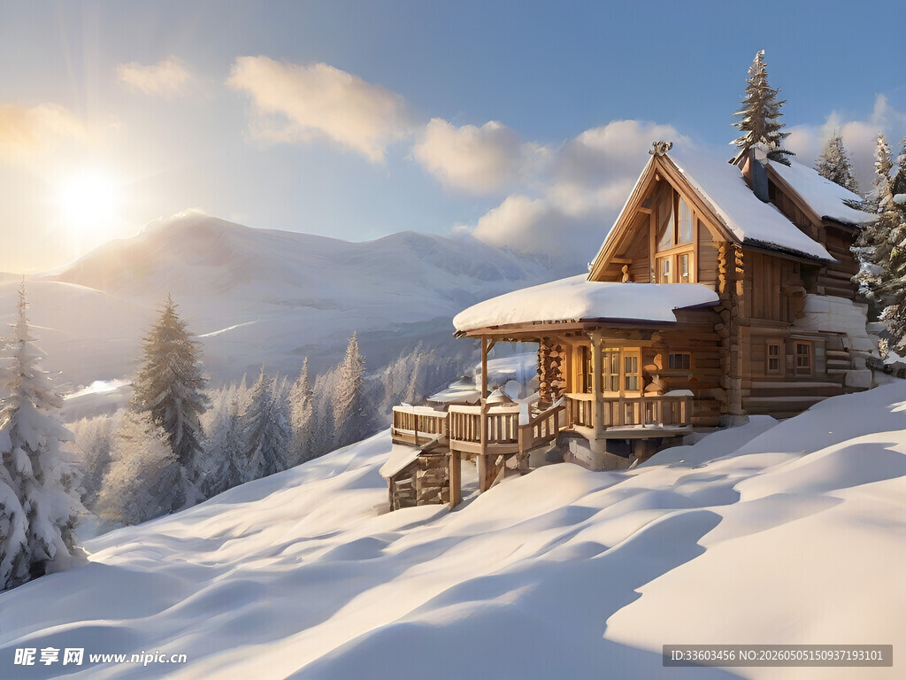 雪中山间木屋的静谧美景