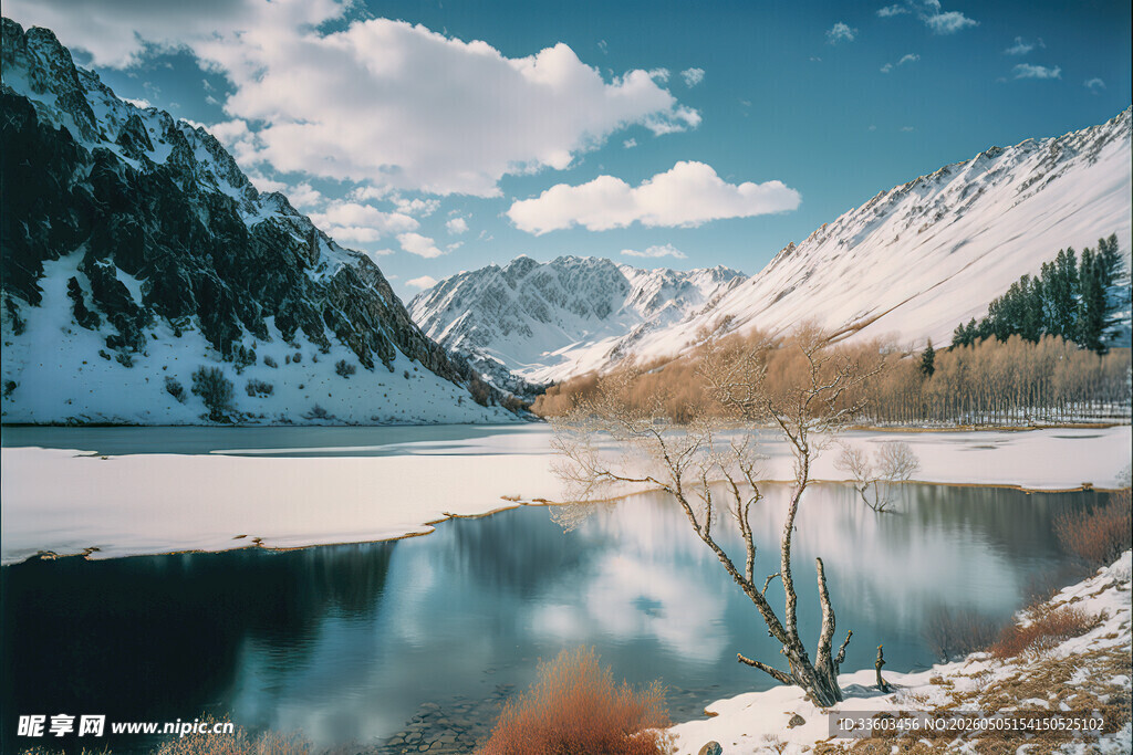 雪山下的平静湖泊
