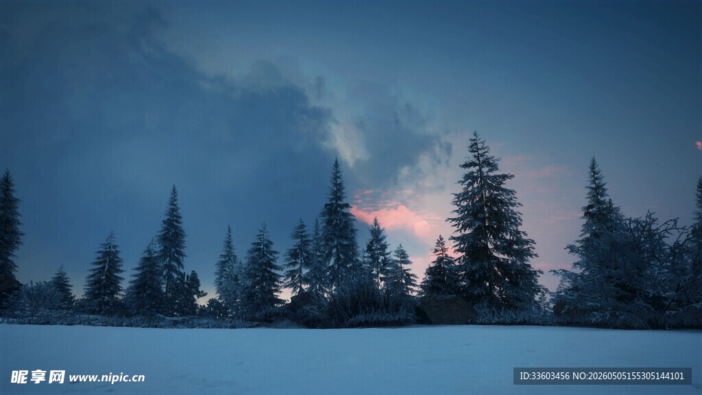 冬日雪林暮色美景