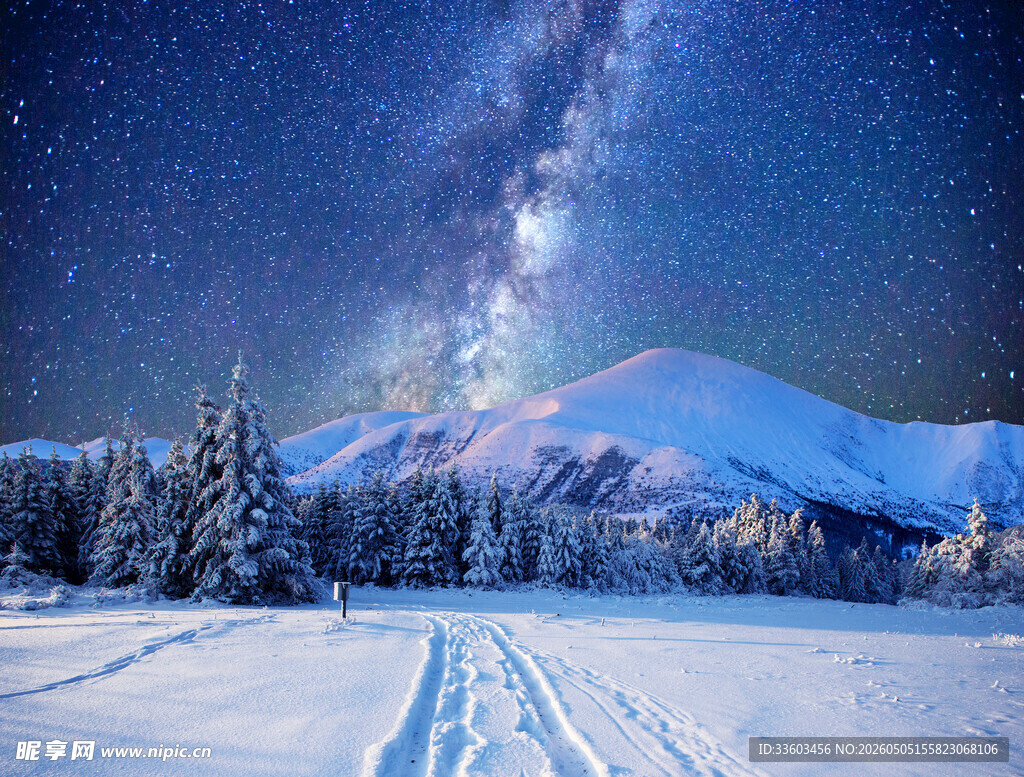 雪夜山林中的璀璨星空