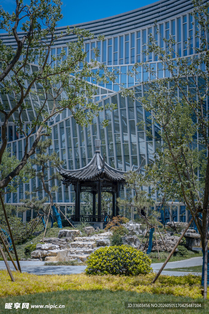 现代建筑旁的中式园林景致