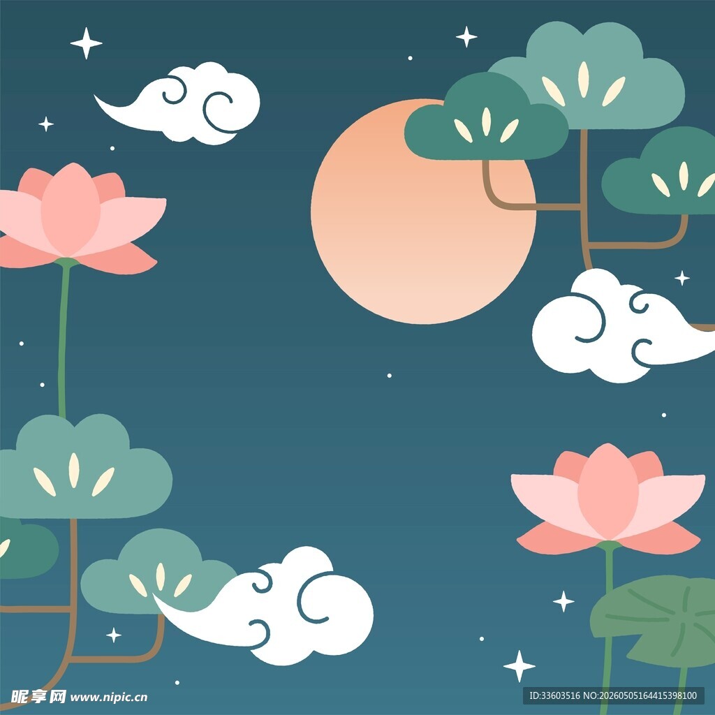 夏夜荷塘插画