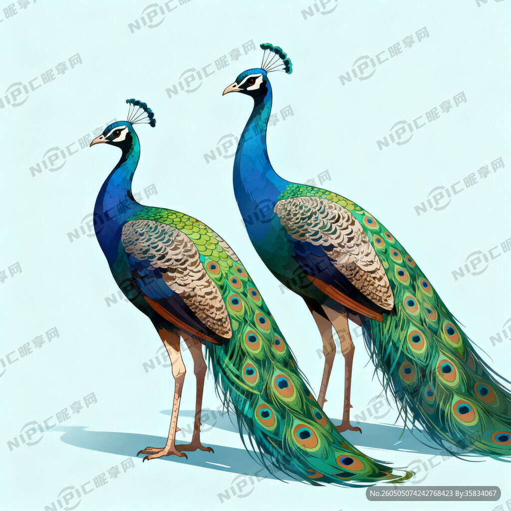 两只孔雀简洁大气 数码插画