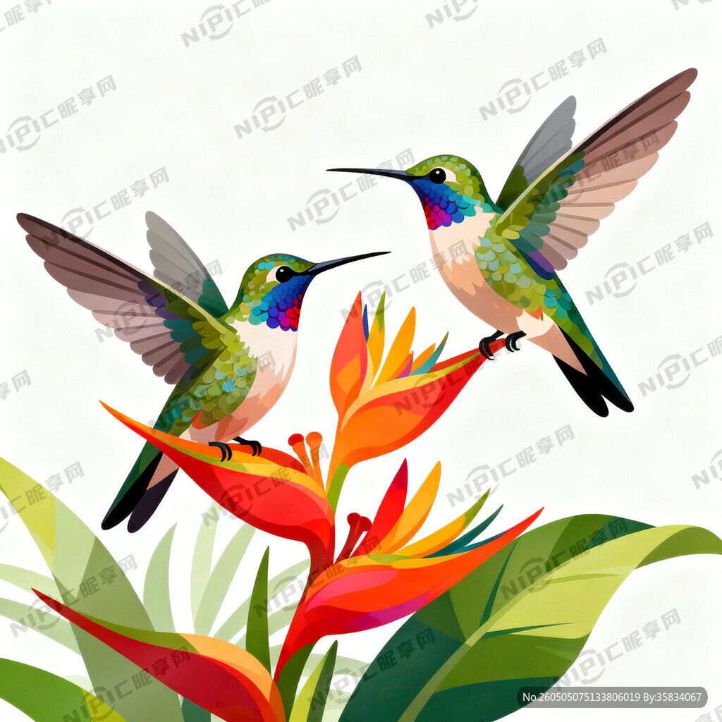 两只蜂鸟 热带雨林花 简洁大气