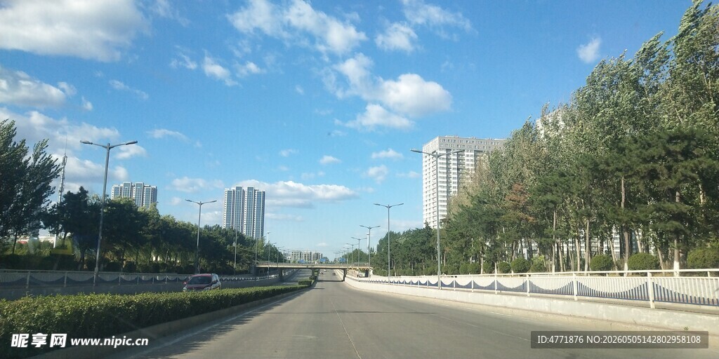 宽阔公路旁绿树与高楼
