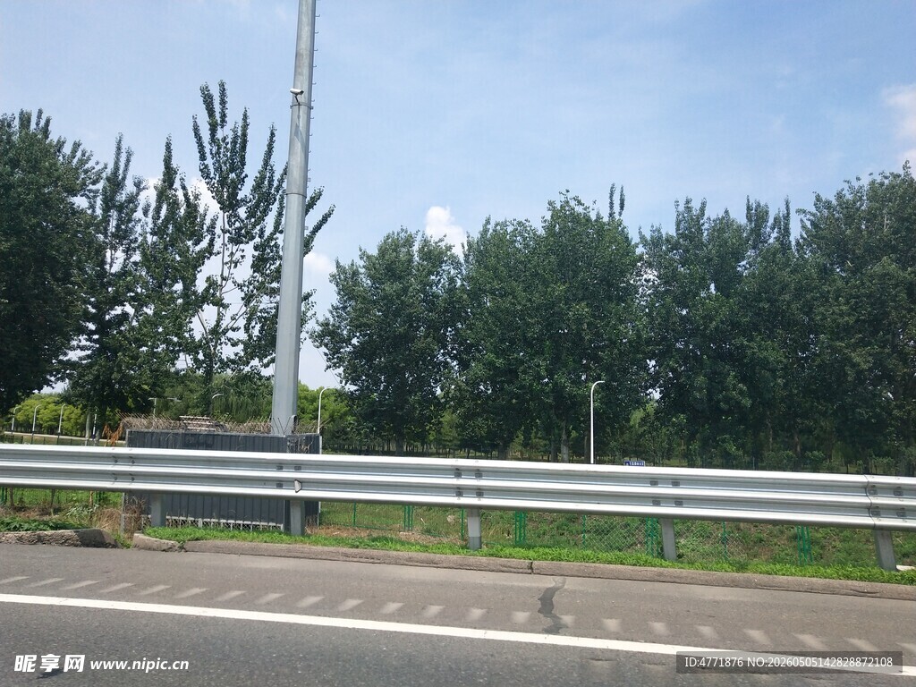 公路旁的护栏与绿树