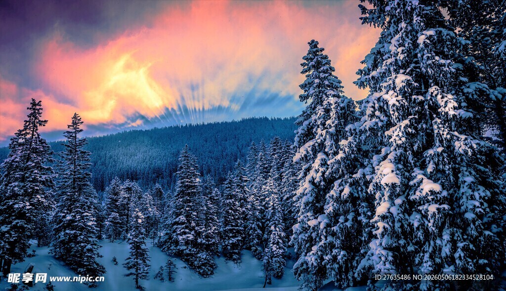 雪覆山林的壮丽黄昏景象