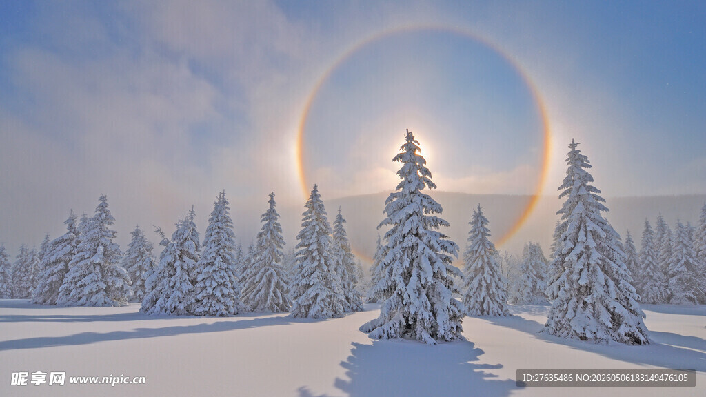 冬日雪景中的幻日奇观