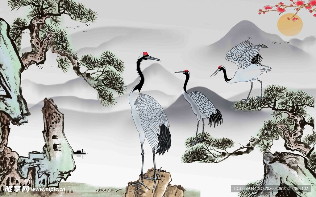 中式山水间的仙鹤图景