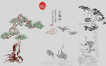 中式水墨风松鹤插画素材