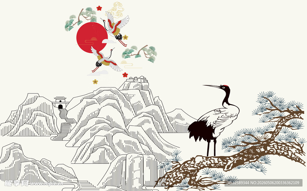 中式山水仙鹤红梅图