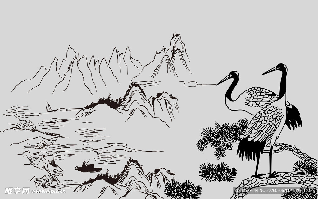 水墨山水间的仙鹤图