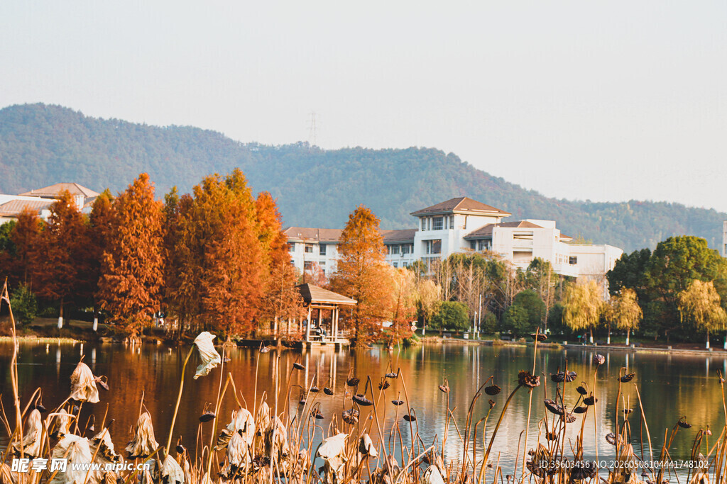 秋日湖畔山林美丽景致
