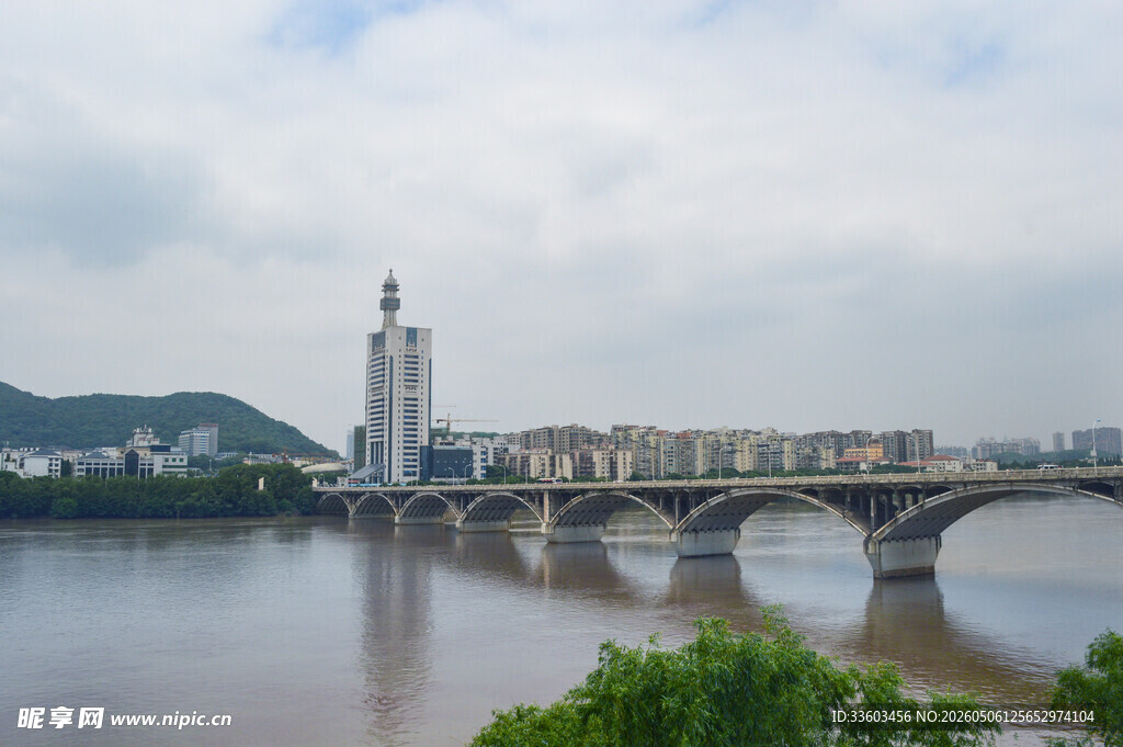 江边大桥与高耸建筑景观
