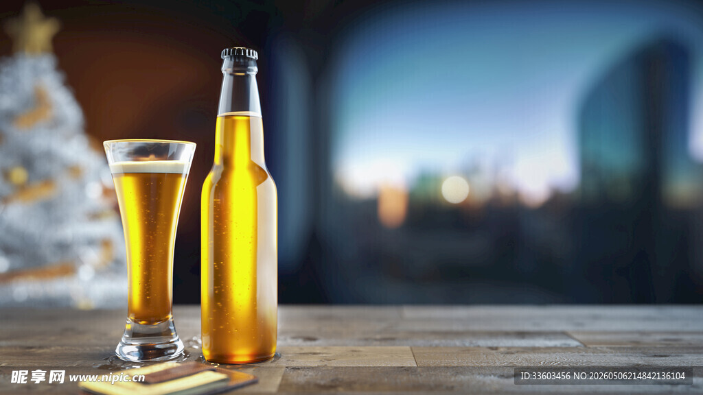 桌上的啤酒与玻璃杯