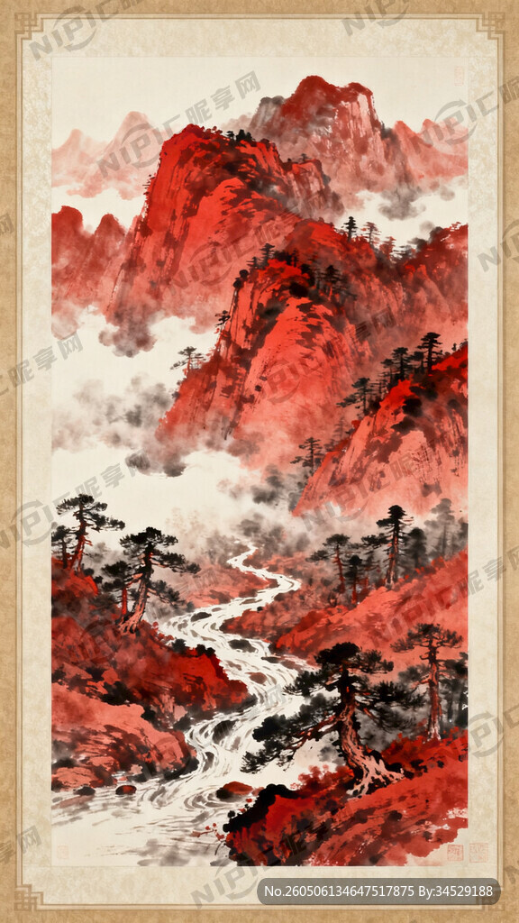 红色山水画
