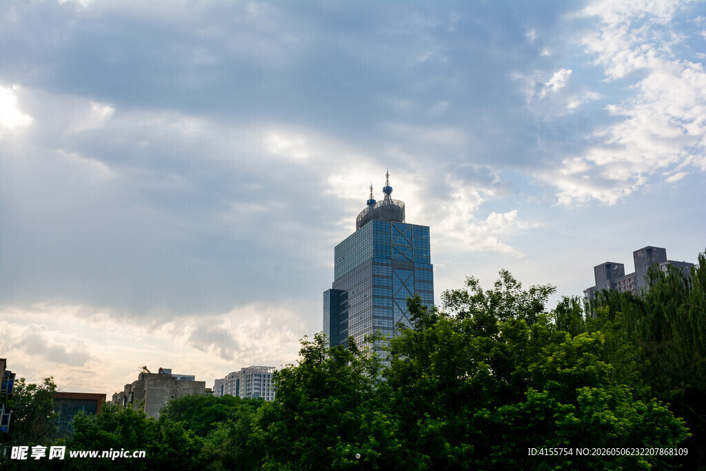城市高楼与绿树天际景观