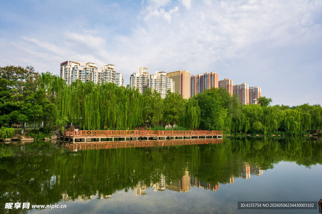 湖畔绿树映高楼美景