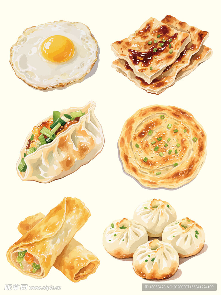 多样中式早餐手绘水彩美食展示