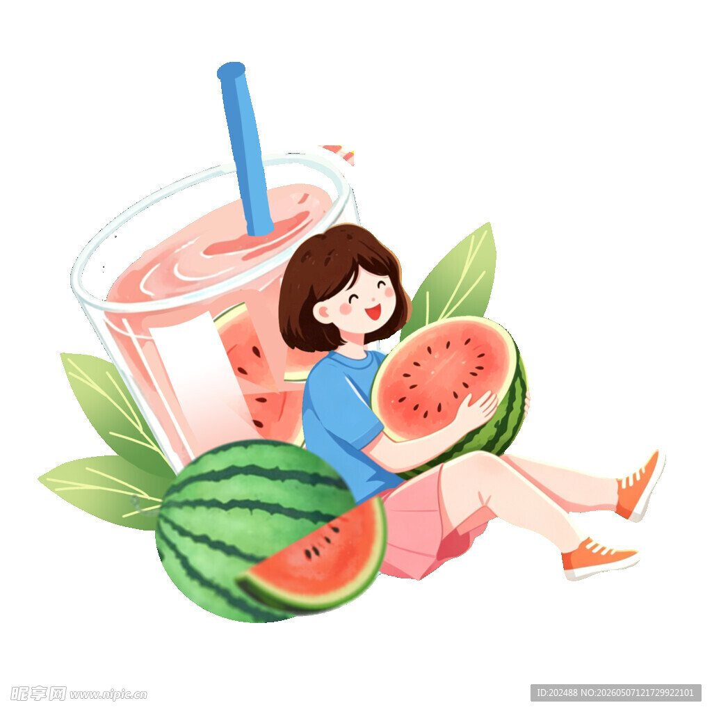 夏日西瓜女孩惬意享用西瓜与果汁