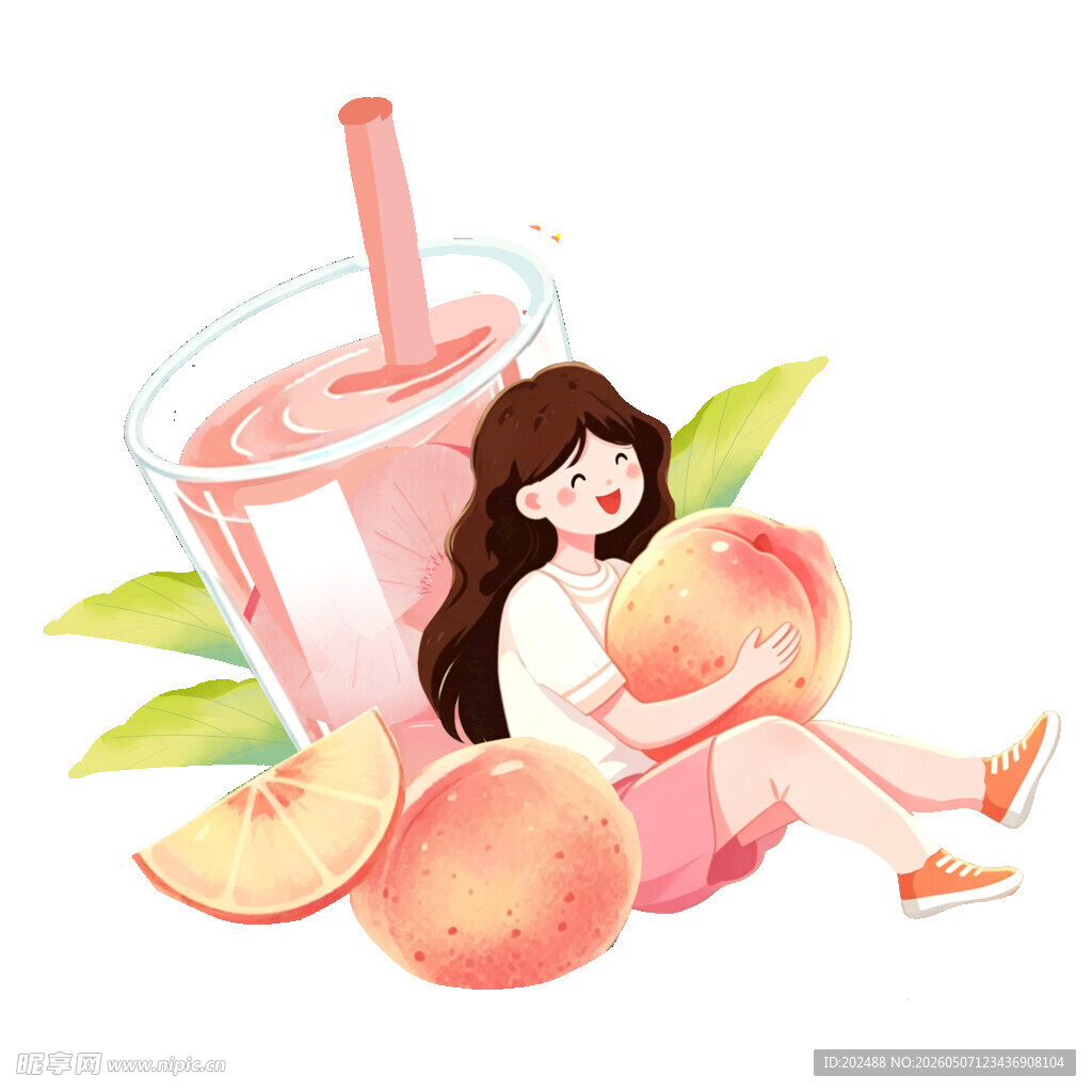 女孩与蜜桃饮品的惬意时光