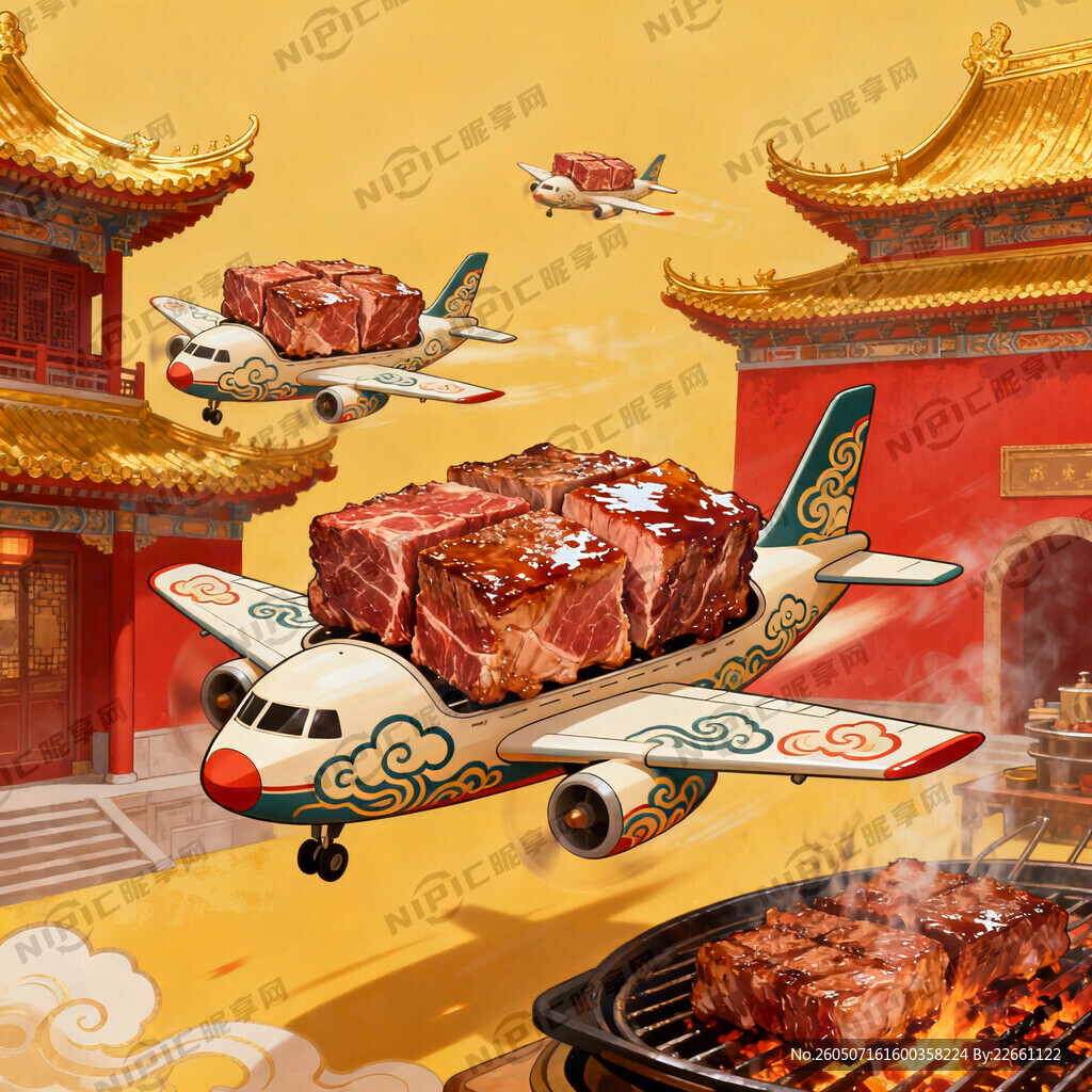 烤肉店 一个牛坐着飞机而来
