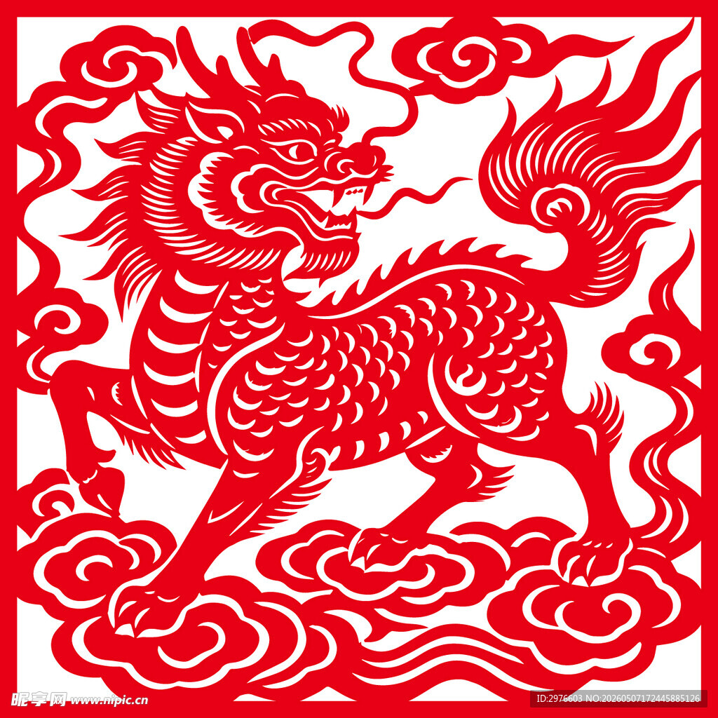 红色剪纸麒麟图