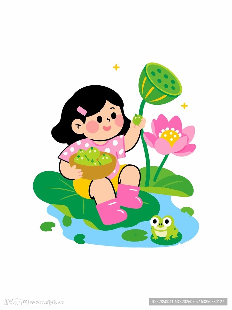荷塘中的可爱小女孩