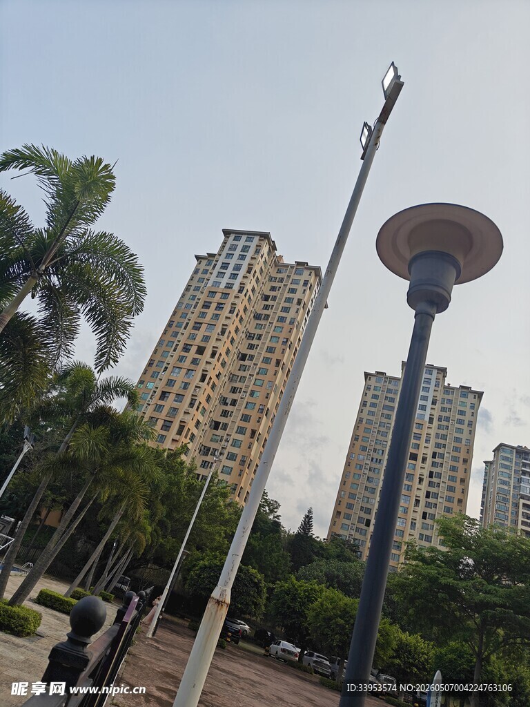 城市街道旁的高楼与路灯