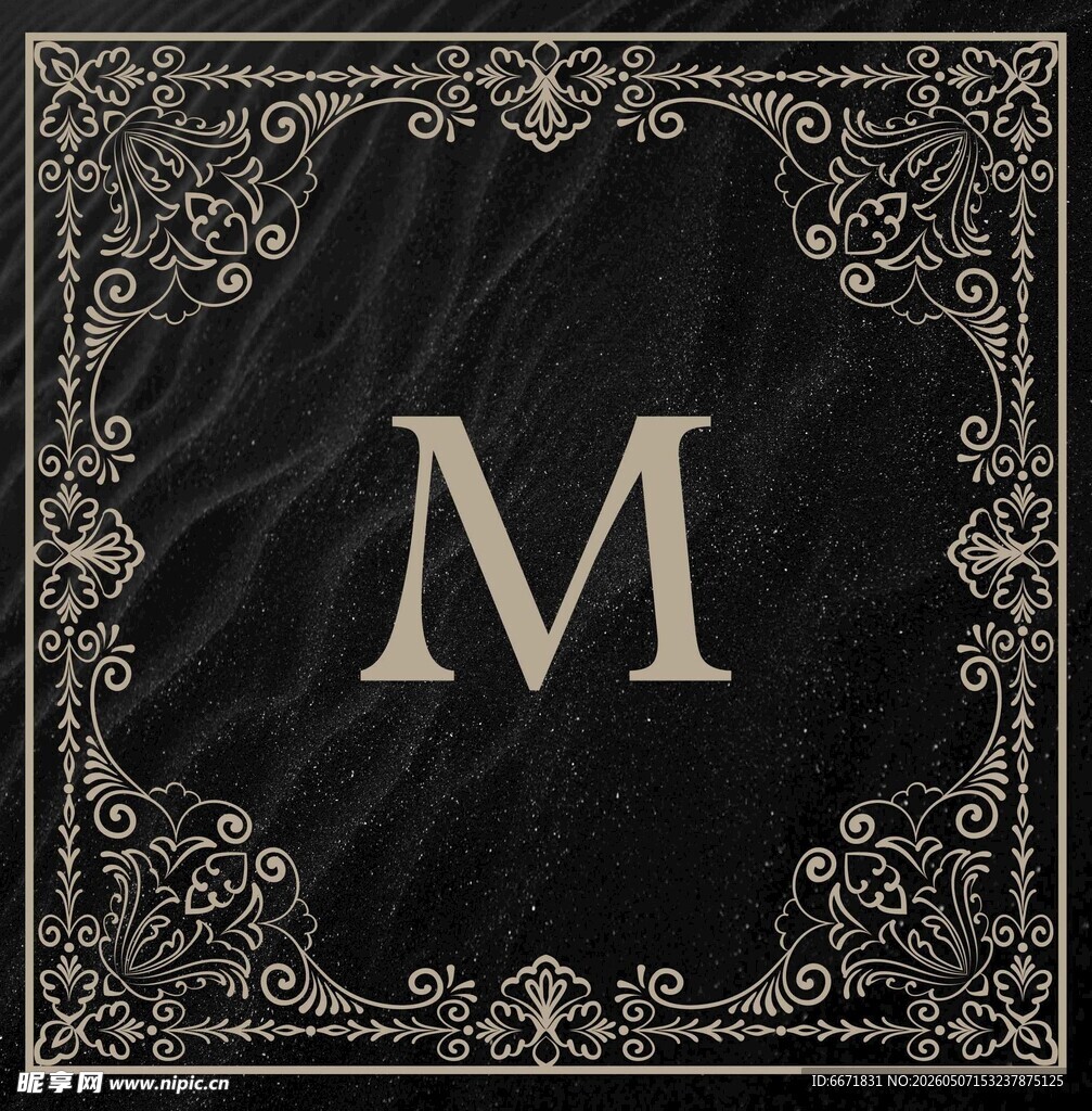 黑色花纹边框中的字母M