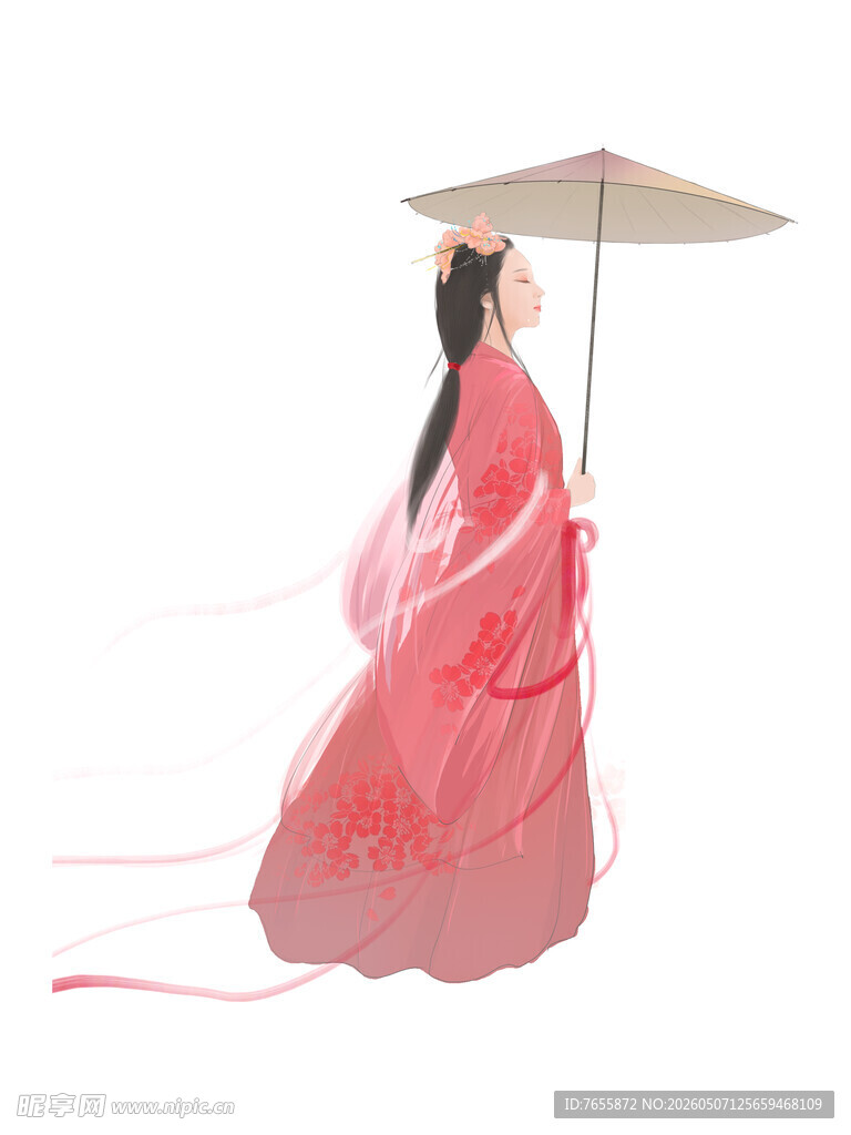 红衣女子撑伞飘飘欲仙
