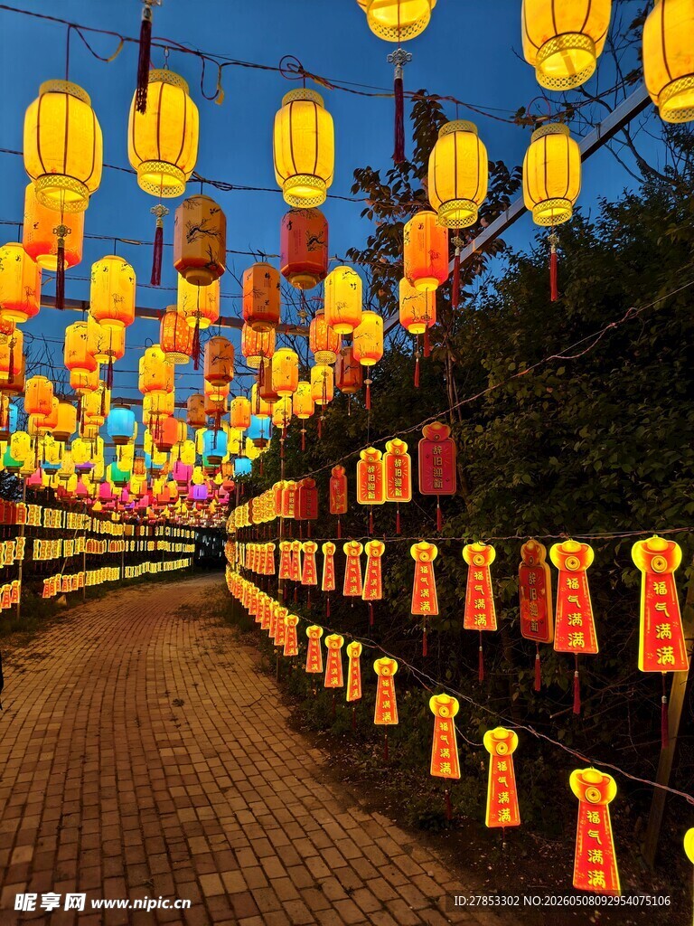 夜晚街道悬挂的绚丽灯笼