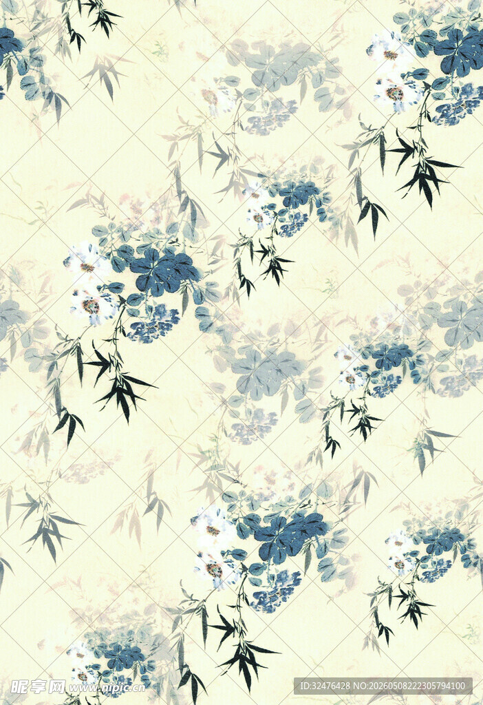 蓝白水墨风花卉图案