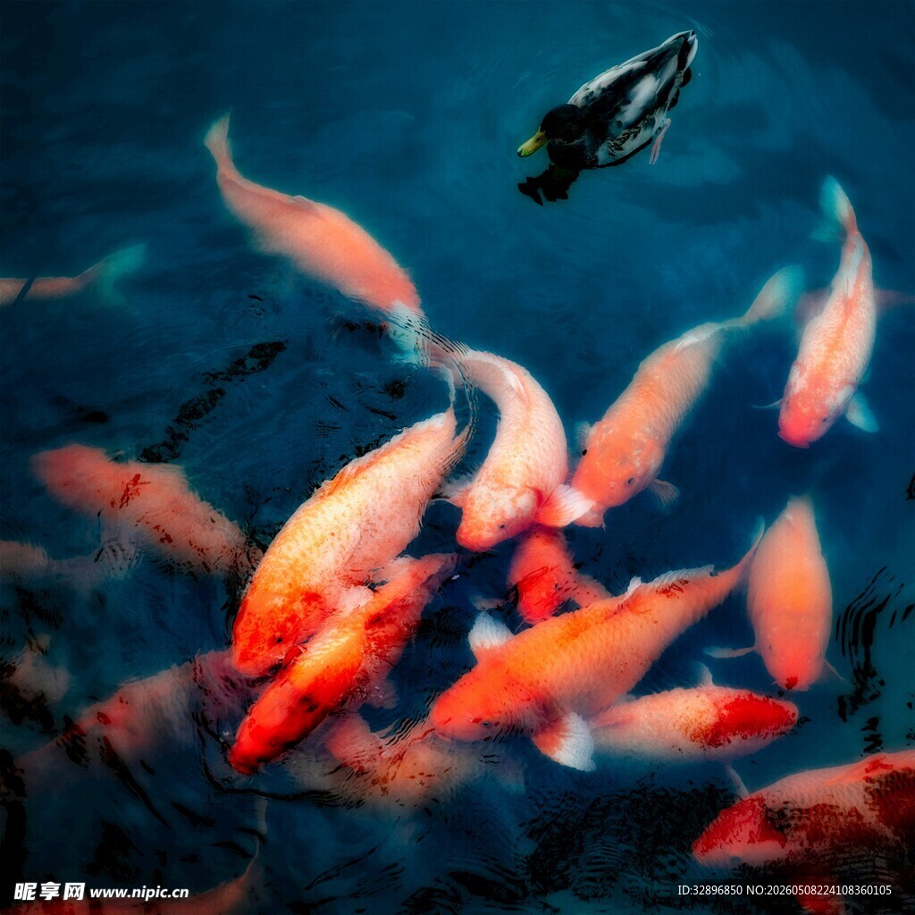 水中锦鲤群游景象