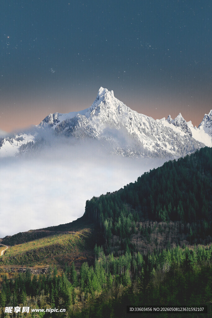 雪山云海下的壮美山林