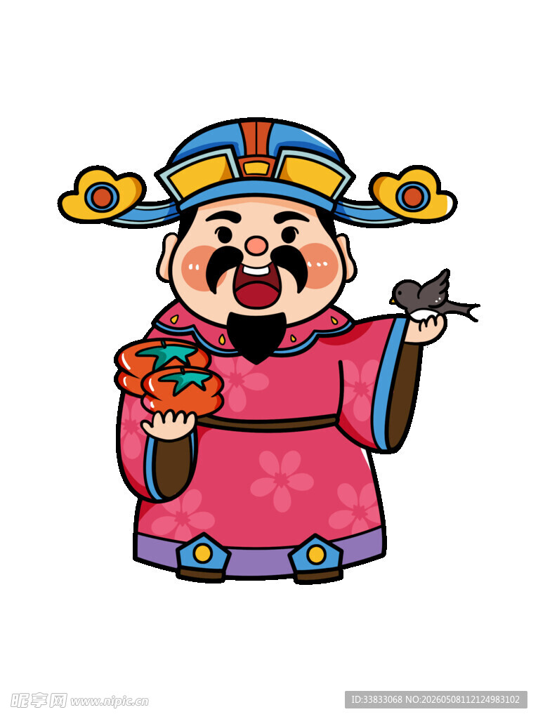 财神爷手持金元宝与猫咪