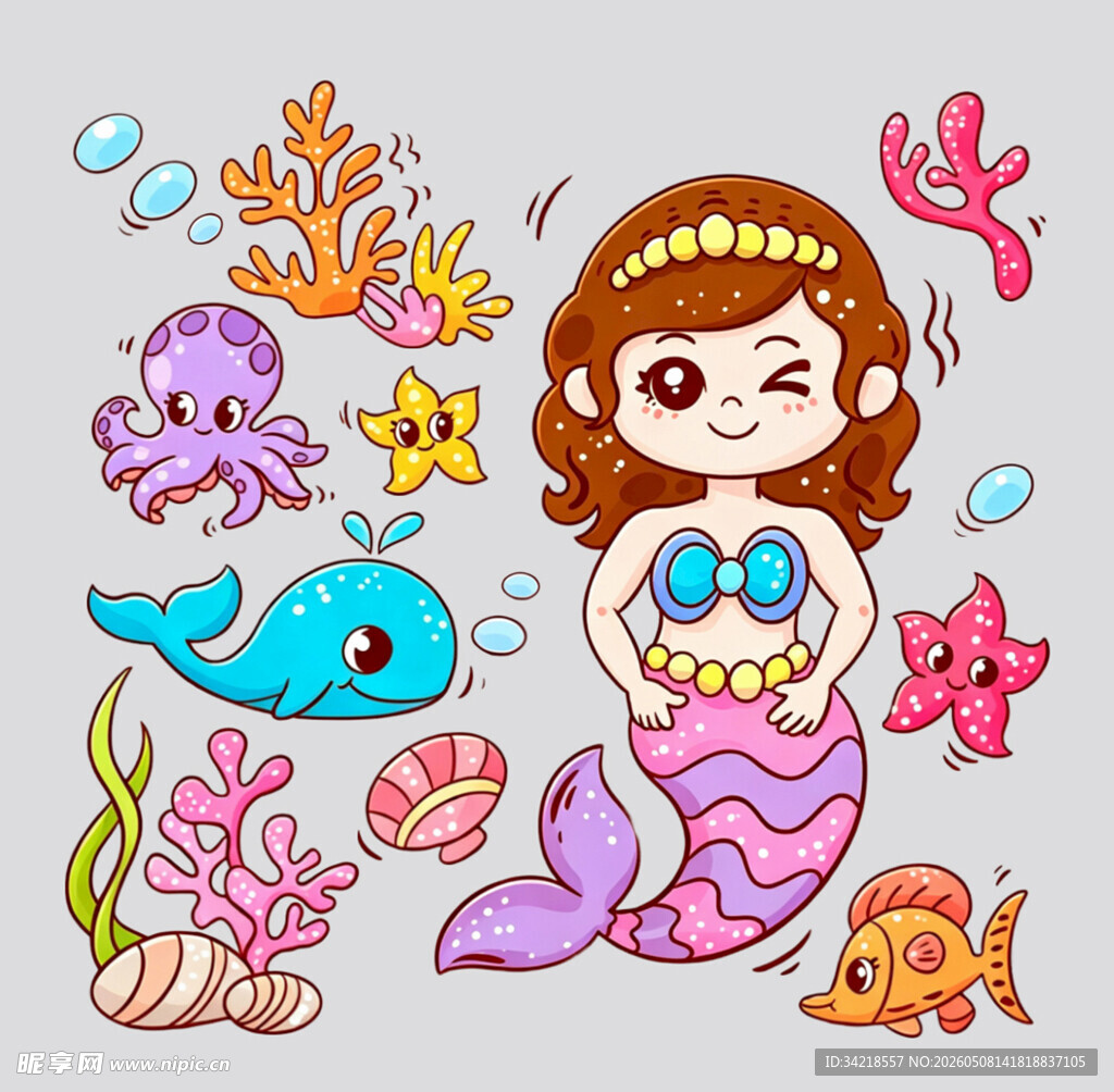 可爱小美人鱼与海洋生物