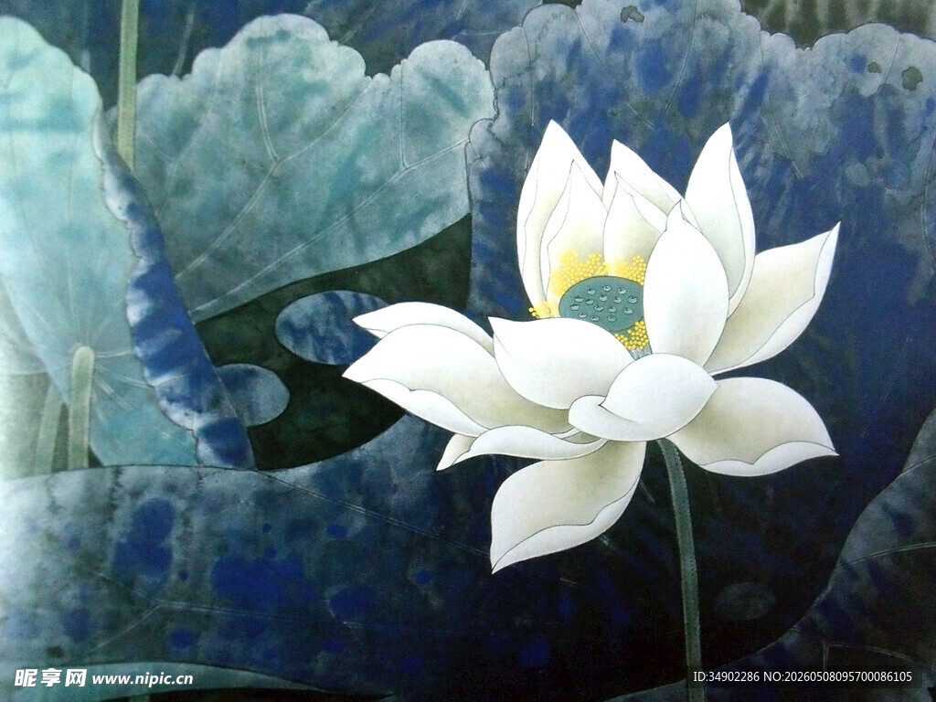 水墨风盛开的洁白莲花