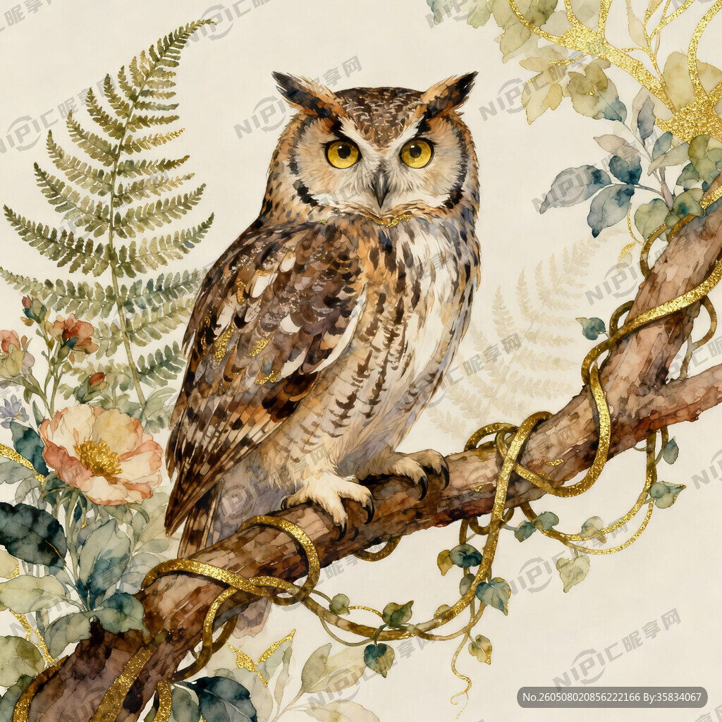 猫头鹰 轻奢插画风 自然植物风