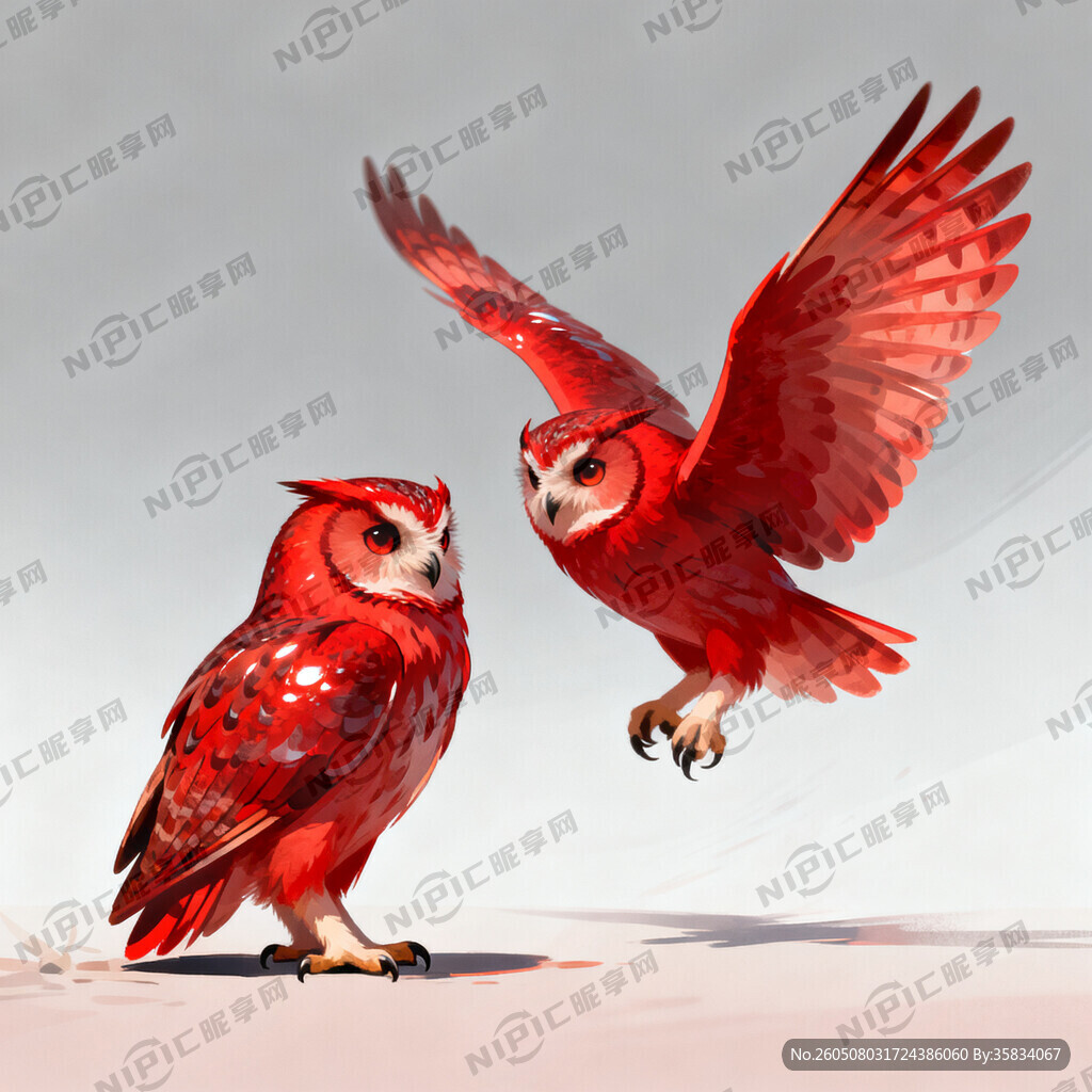 两只秀红色猫头鹰数码插画