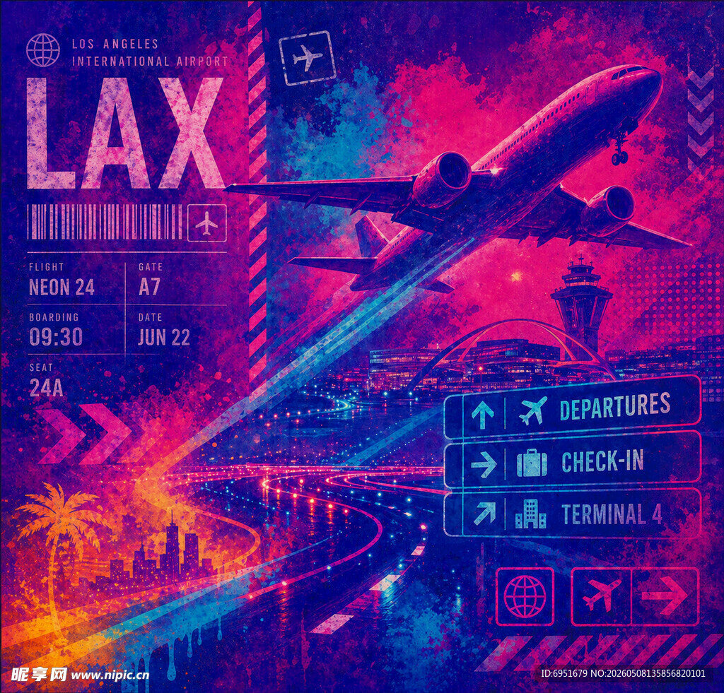 梦幻LAX机场霓虹夜景