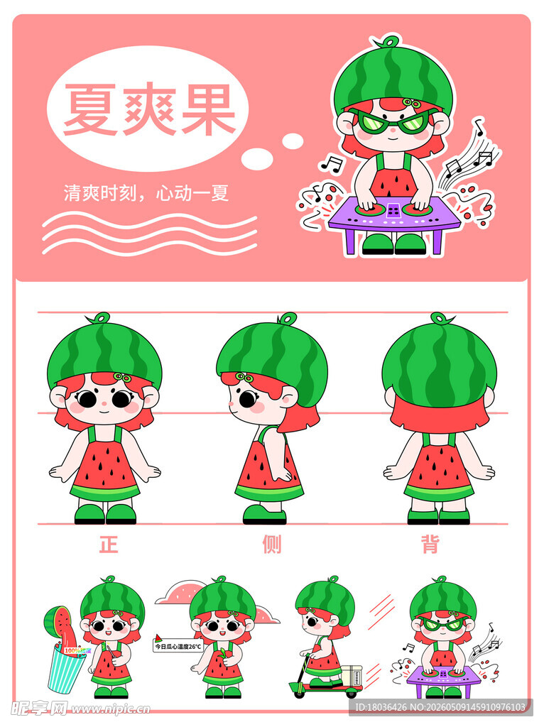 夏日西瓜精灵卡通造型主题三视图