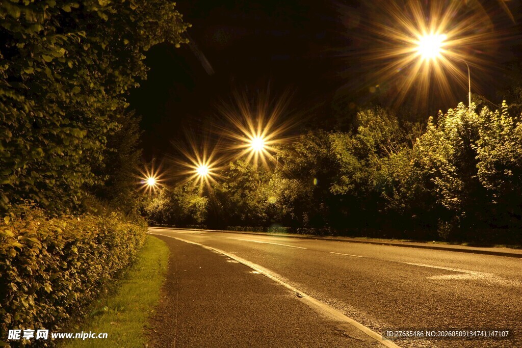 夜晚路灯下的静谧道路