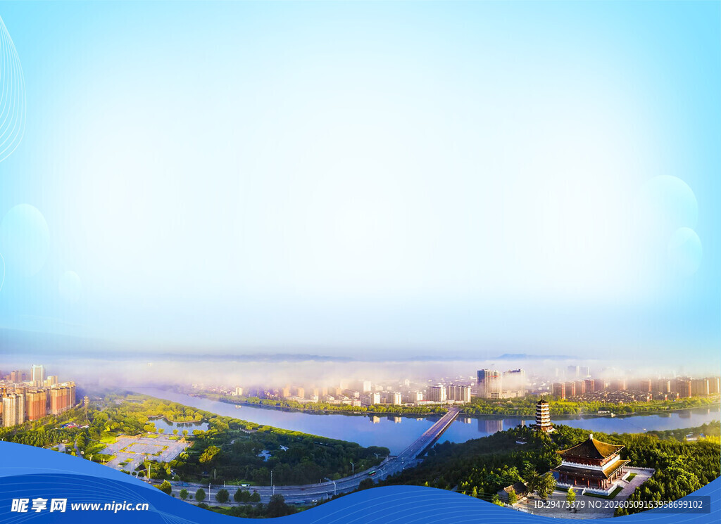 城市河畔美丽风光全景