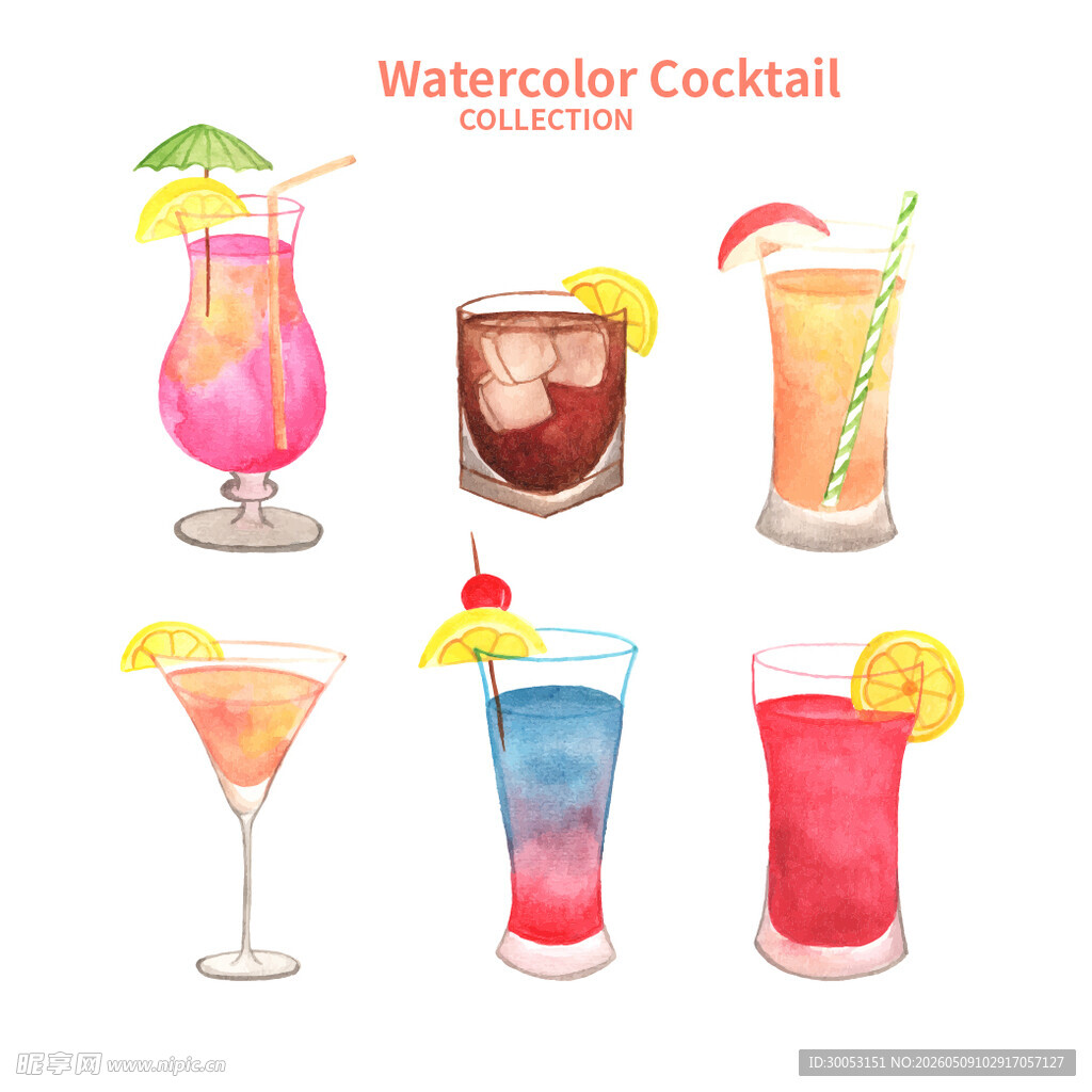 水彩风格鸡尾酒插画集合