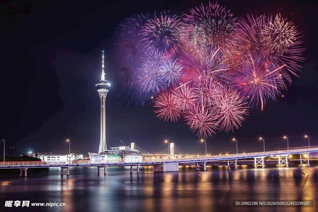 澳门夜景烟花璀璨