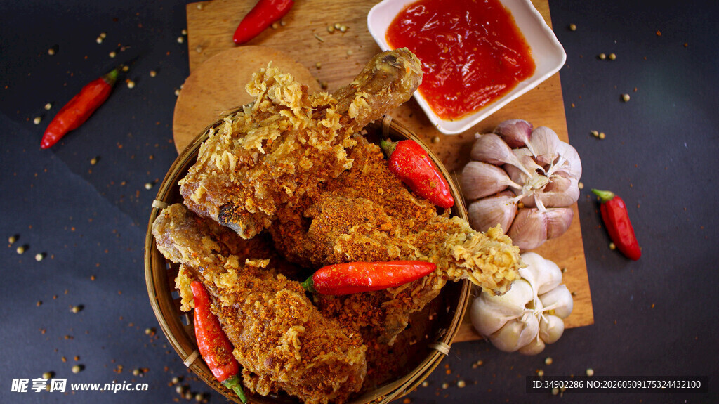 美味炸鸡搭配蘸料与配菜