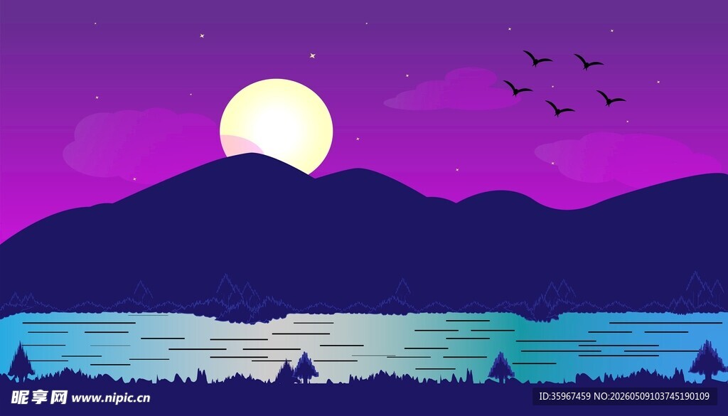 夜景山水插画